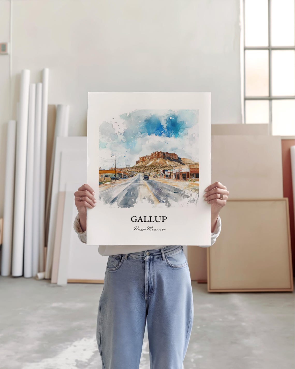 Gallup New Mexico Watercolor Route 66 Desert Town Street Poster - Image 2
