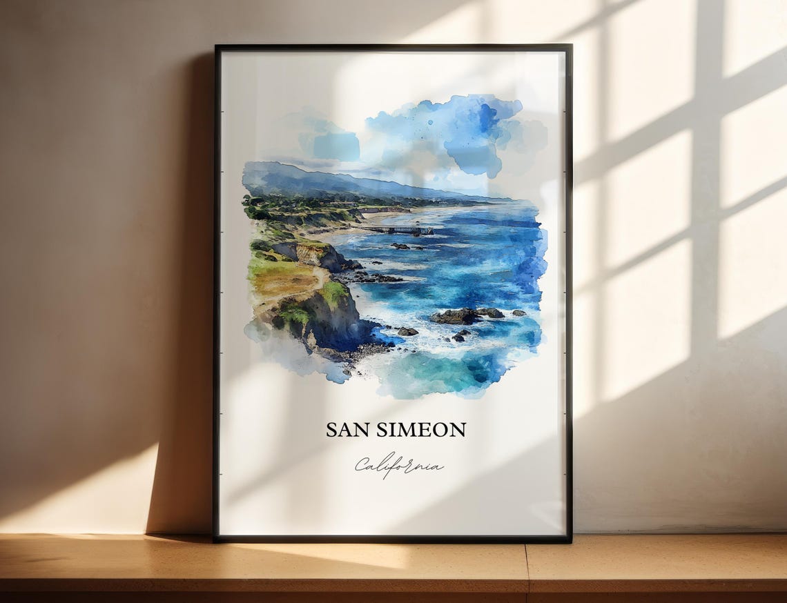 San Simeon California Rugged Coastline Watercolor Travel Poster