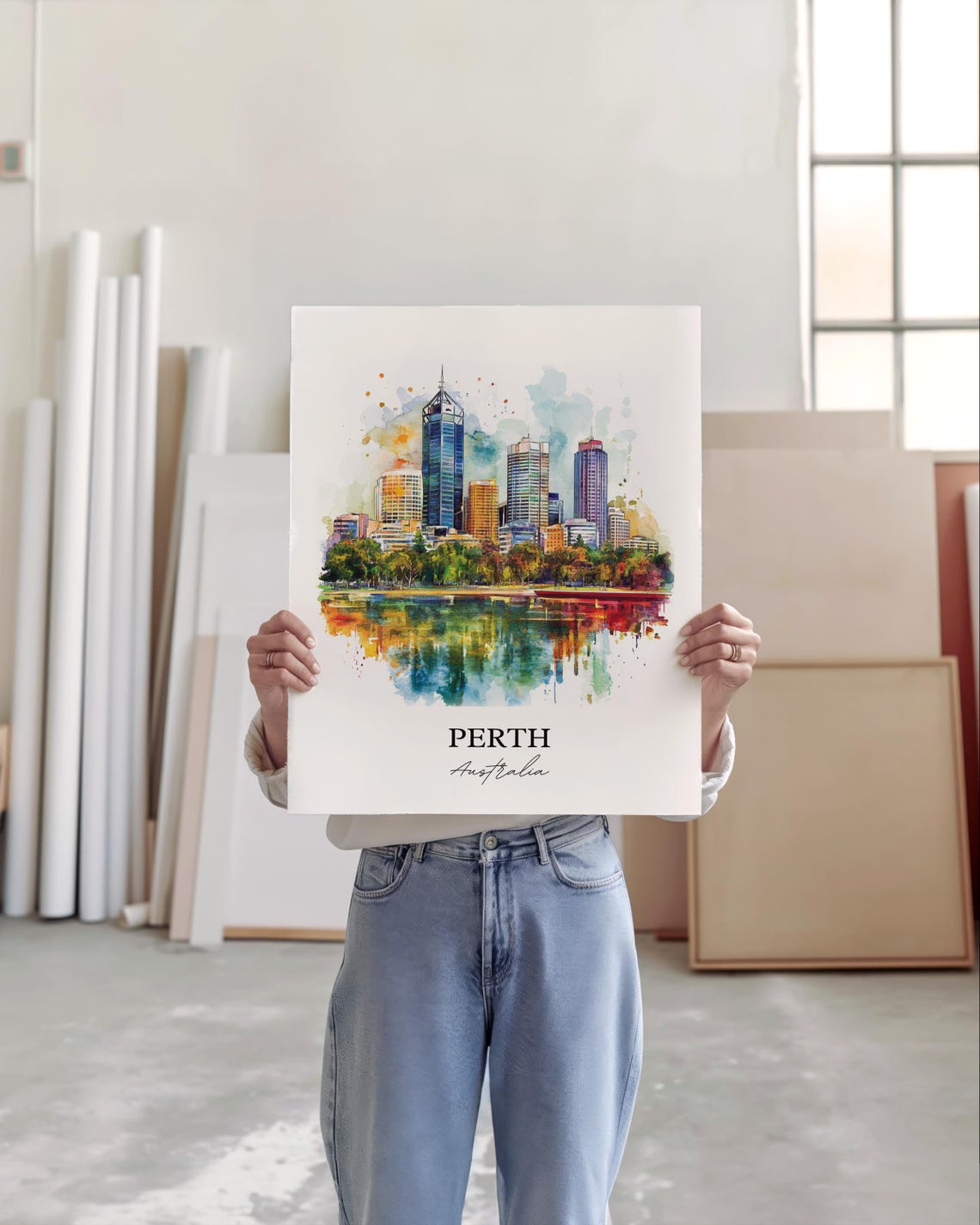 Perth Australia Skyline River Reflection Watercolor Splash Art Poster - Image 3