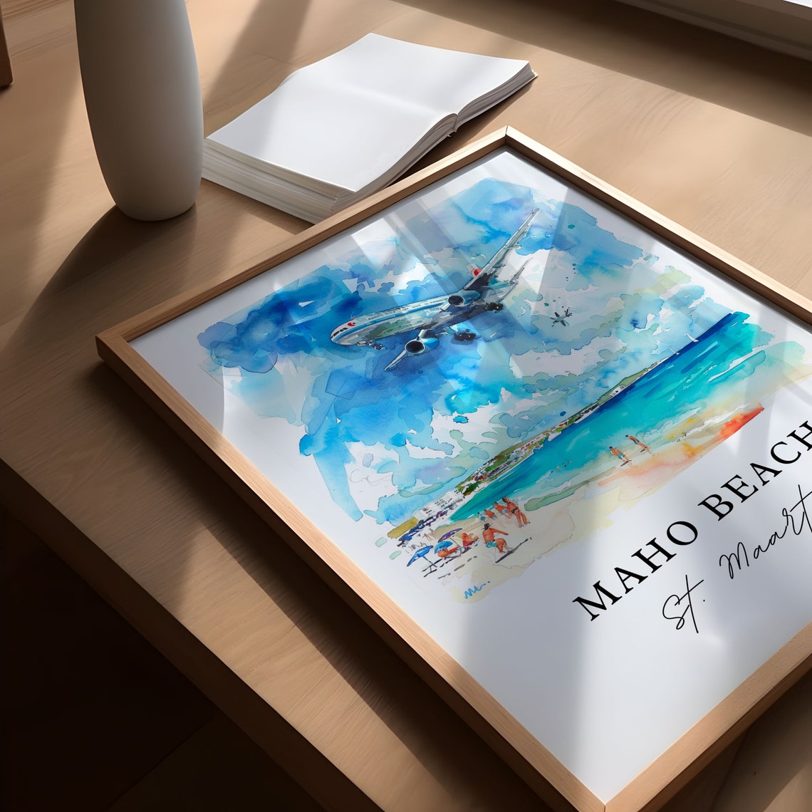 Maho Beach Saint Maarten Low Flying Jet Beach Watercolor Poster - Image 5