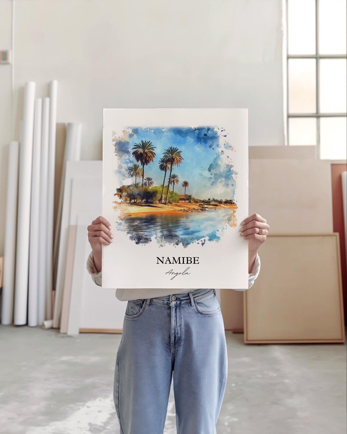 Namibe Angola Palm Trees Waterfront Oasis Watercolor Travel Poster - Image 2