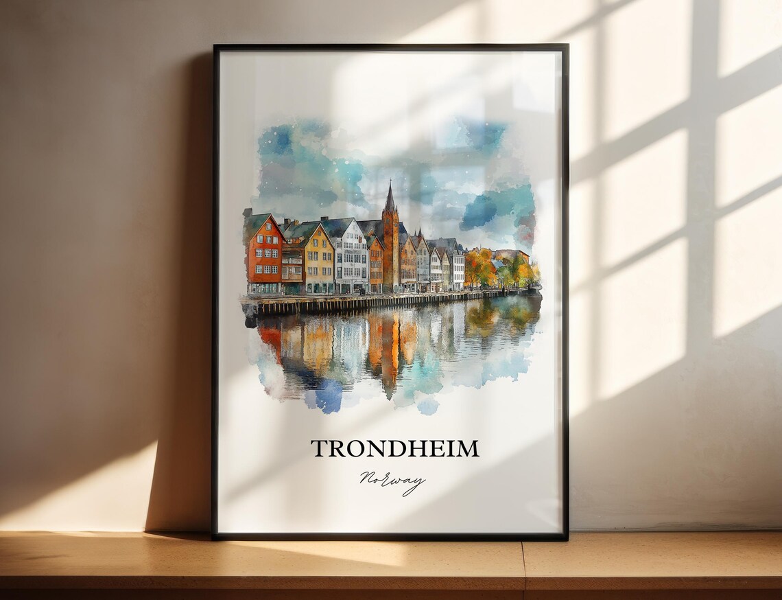 Trondheim Norway Watercolor Colorful Wharf Buildings River View Poster