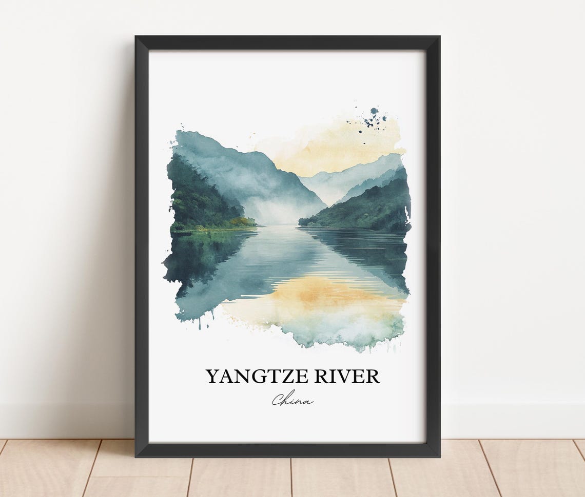 Yangtze River China Watercolor Misty Gorge River Landscape Art Print - Image 4