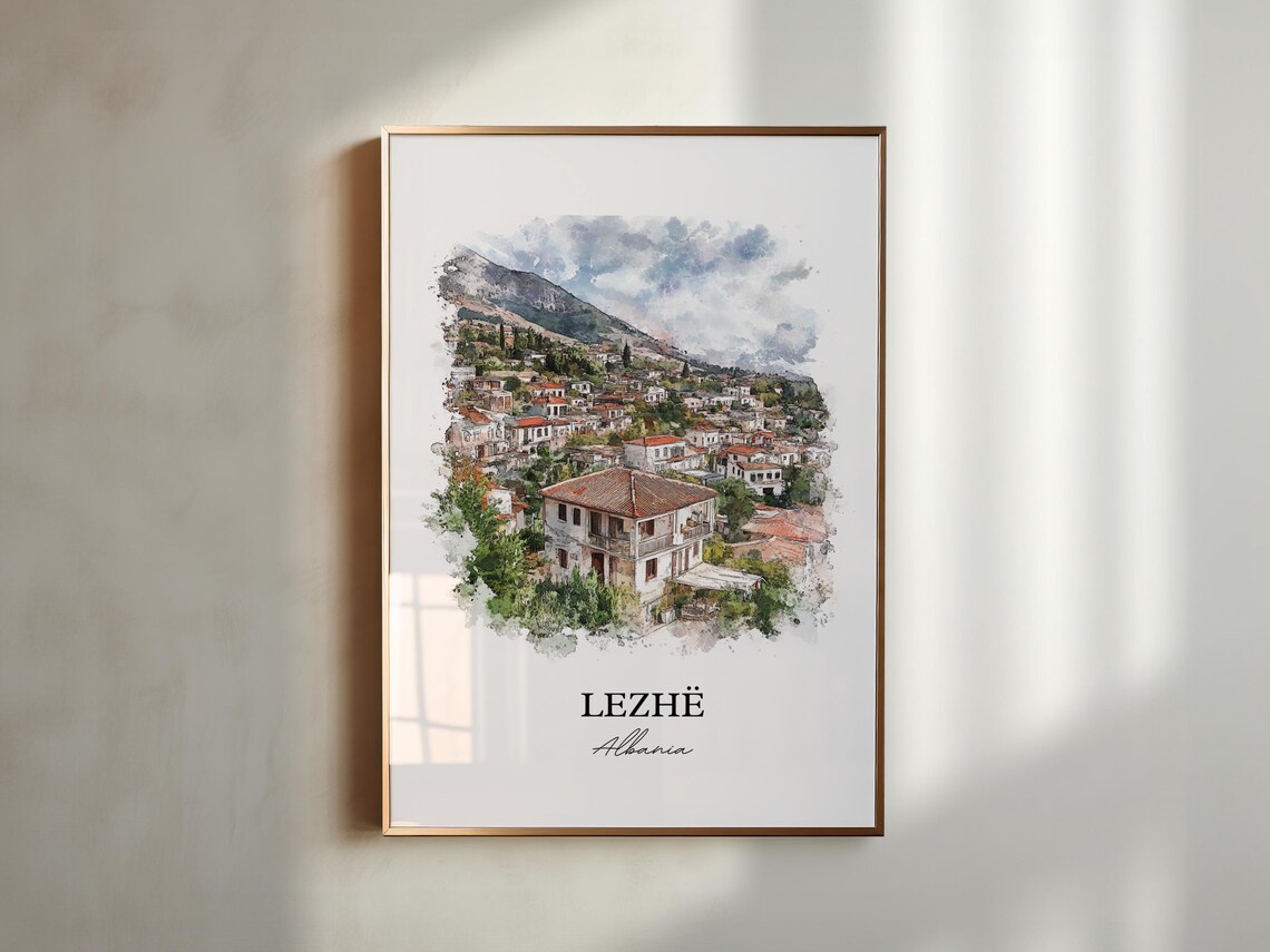 Lezhe Albania Hillside Town Watercolor Skyline Travel Art Wall Print - Image 4