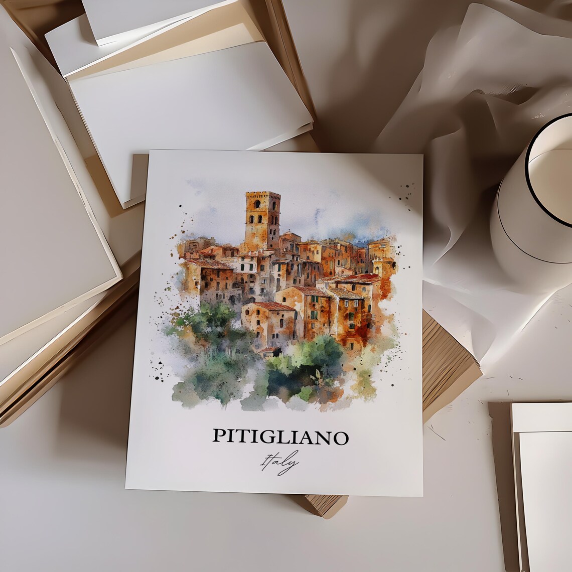 Pitigliano Italy Tufa Hilltop Town Bell Tower Watercolor Travel Poster - Image 2