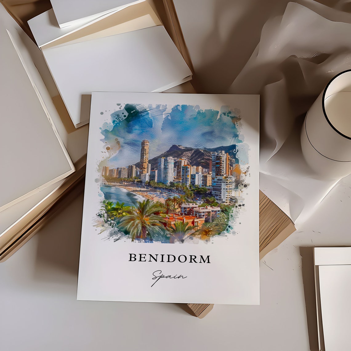 Benidorm Spain Beach Skyline Watercolor Resort Travel Poster - Image 6