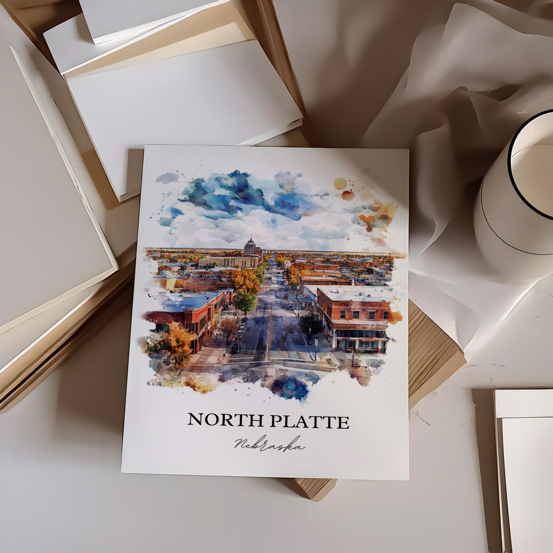 North Platte Nebraska Downtown Aerial View Watercolor Poster - Image 5