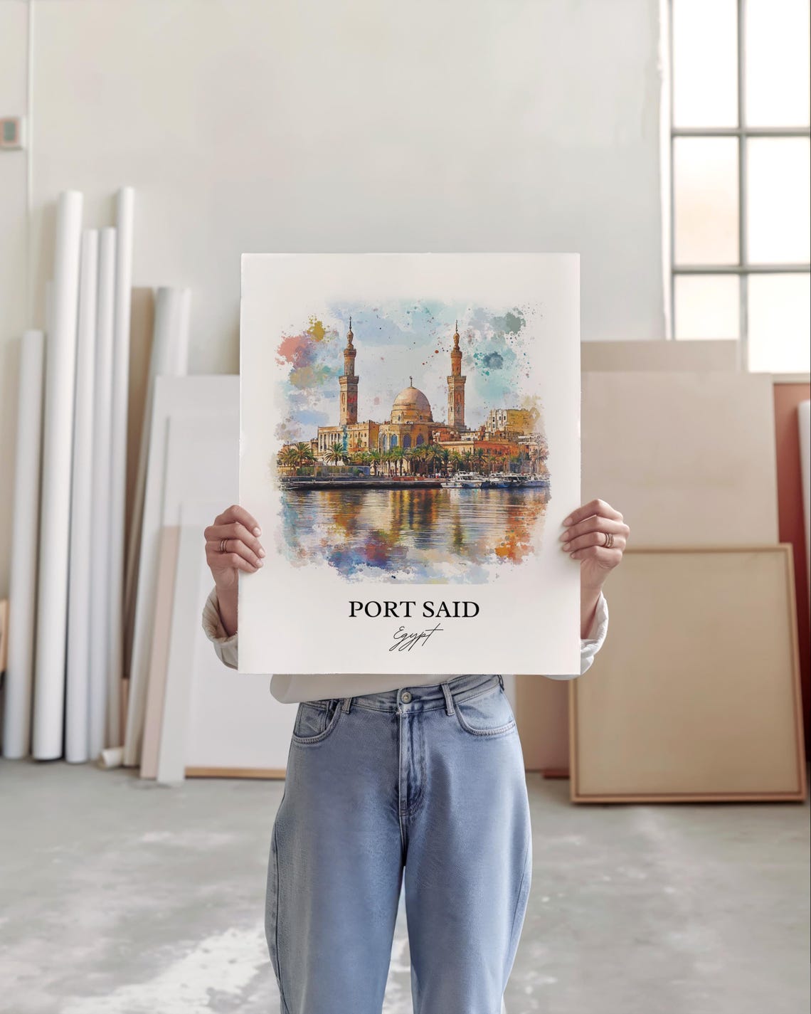 Port Said Egypt Waterfront Mosque Skyline Watercolor Art Poster - Image 3