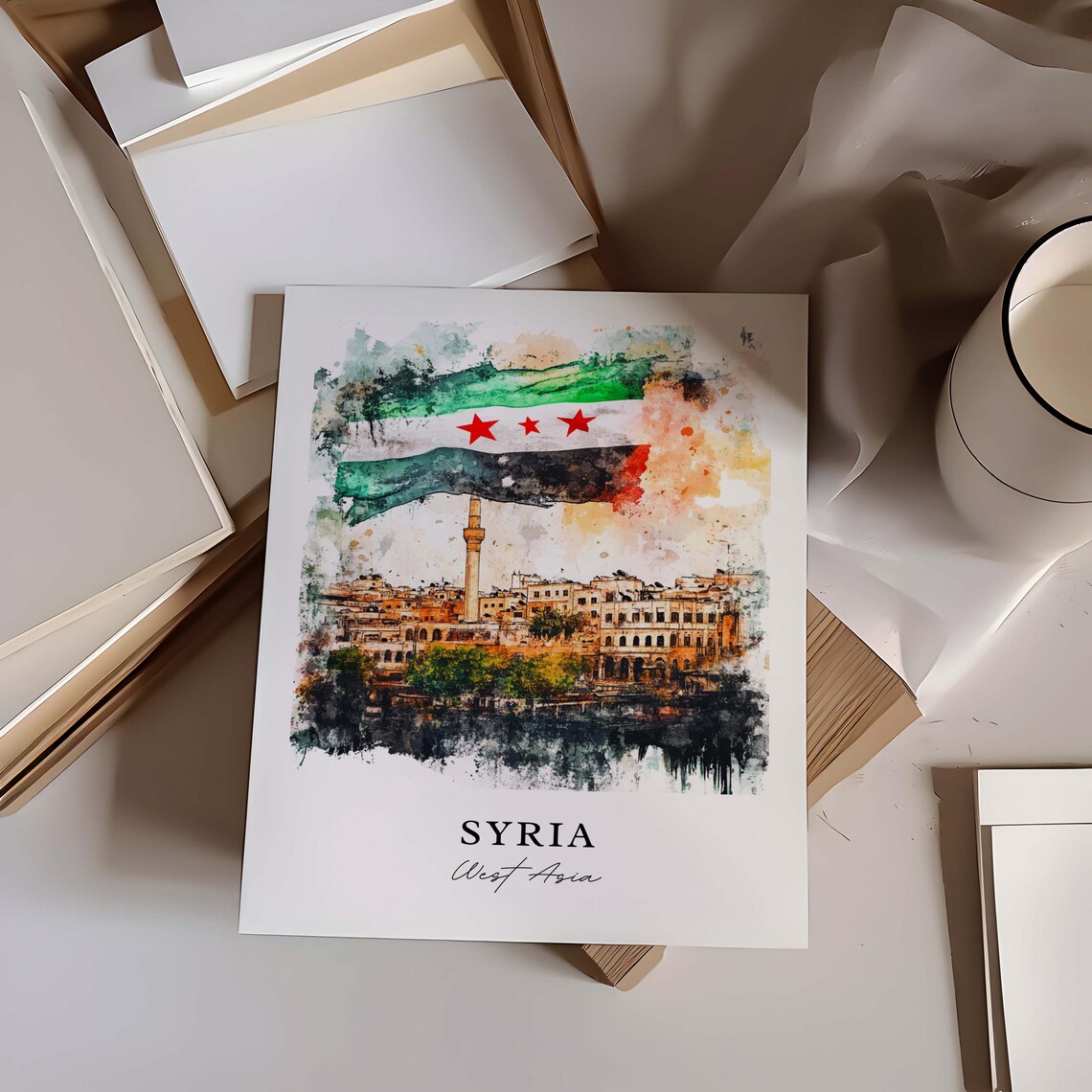 Syria Watercolor New Flag Old Town Minaret Damascus West Asia Poster - Image 4