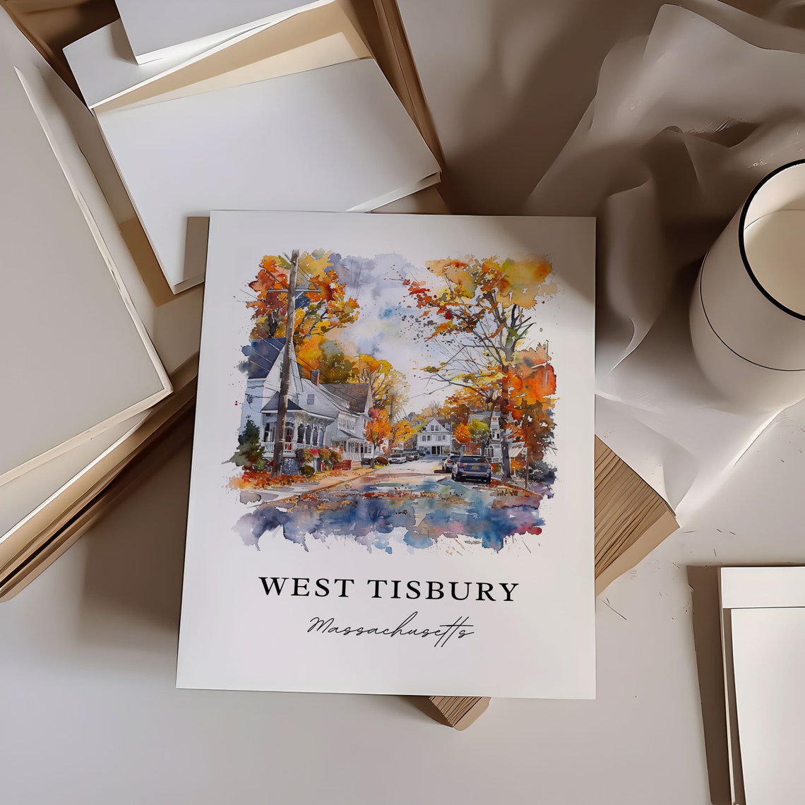 West Tisbury Massachusetts Watercolor Fall Street Scene Art Poster - Image 6