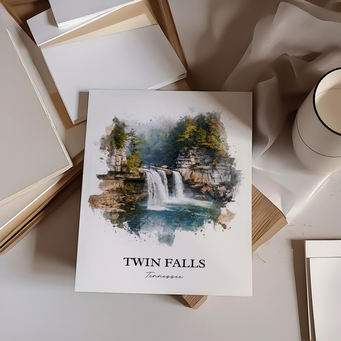 Twin Falls Tennessee Limestone Cliffs Cascade Watercolor Poster - Image 4