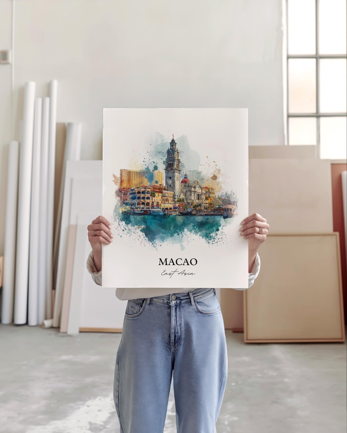 Macao East Asia Watercolor Historic Harbor Clock Tower Travel Poster - Image 5