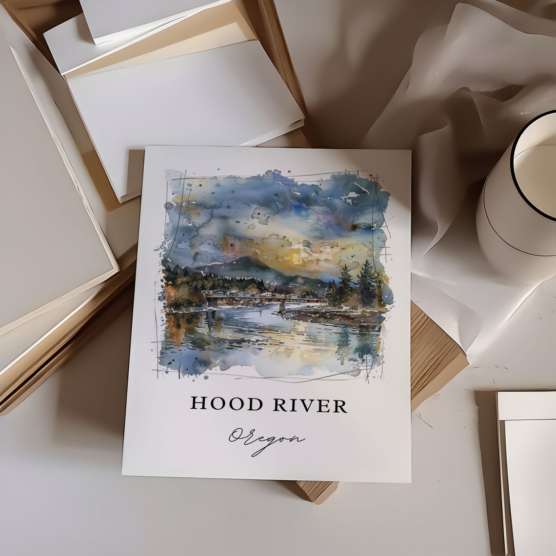 Hood River Oregon Watercolor Sunset Bridge Mountain View Poster - Image 6