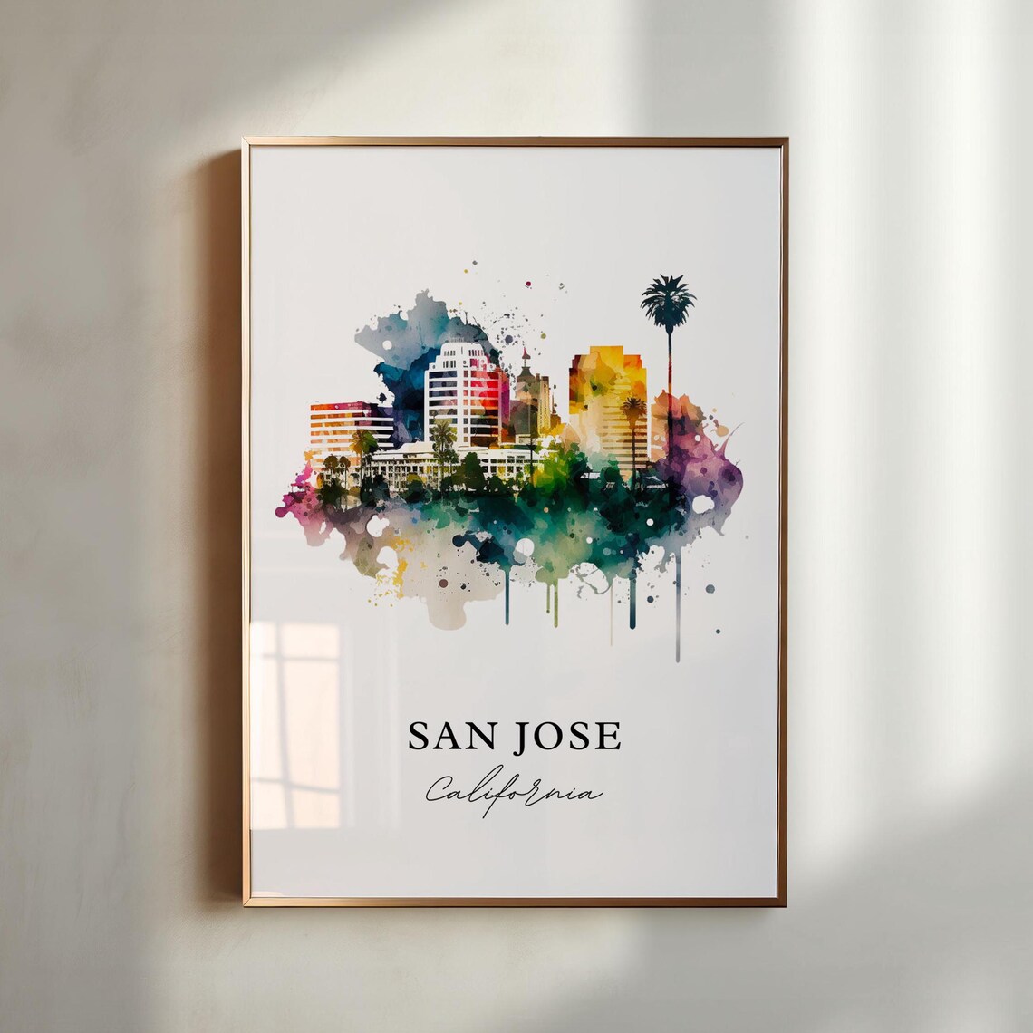 San Jose California Colorful Skyline Palm Trees Watercolor Art Print
