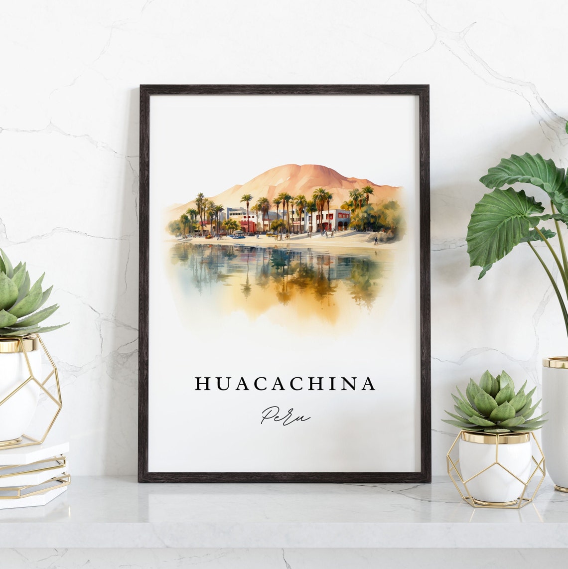 Huacachina Peru Desert Oasis Lagoon Palm Trees Watercolor Poster - Image 3