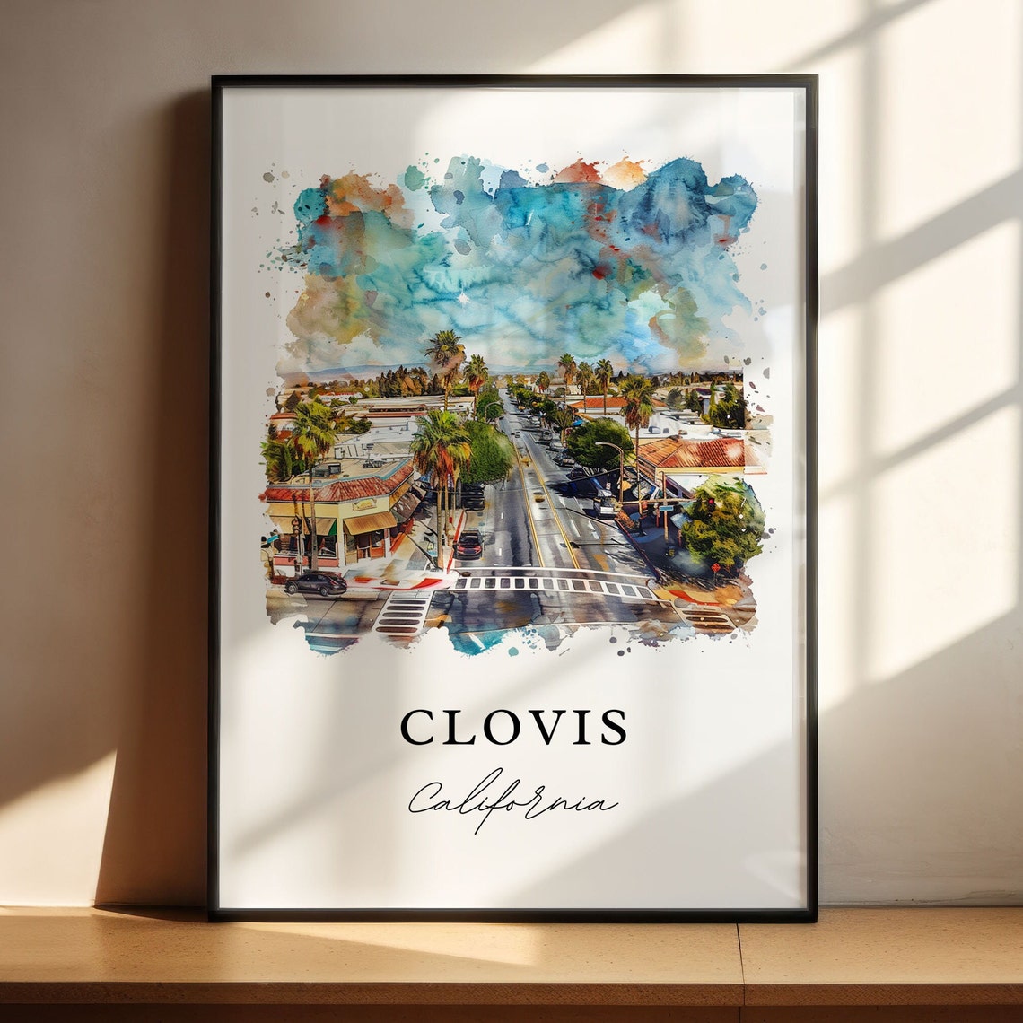 Clovis California Palm Lined Street Watercolor Travel Poster