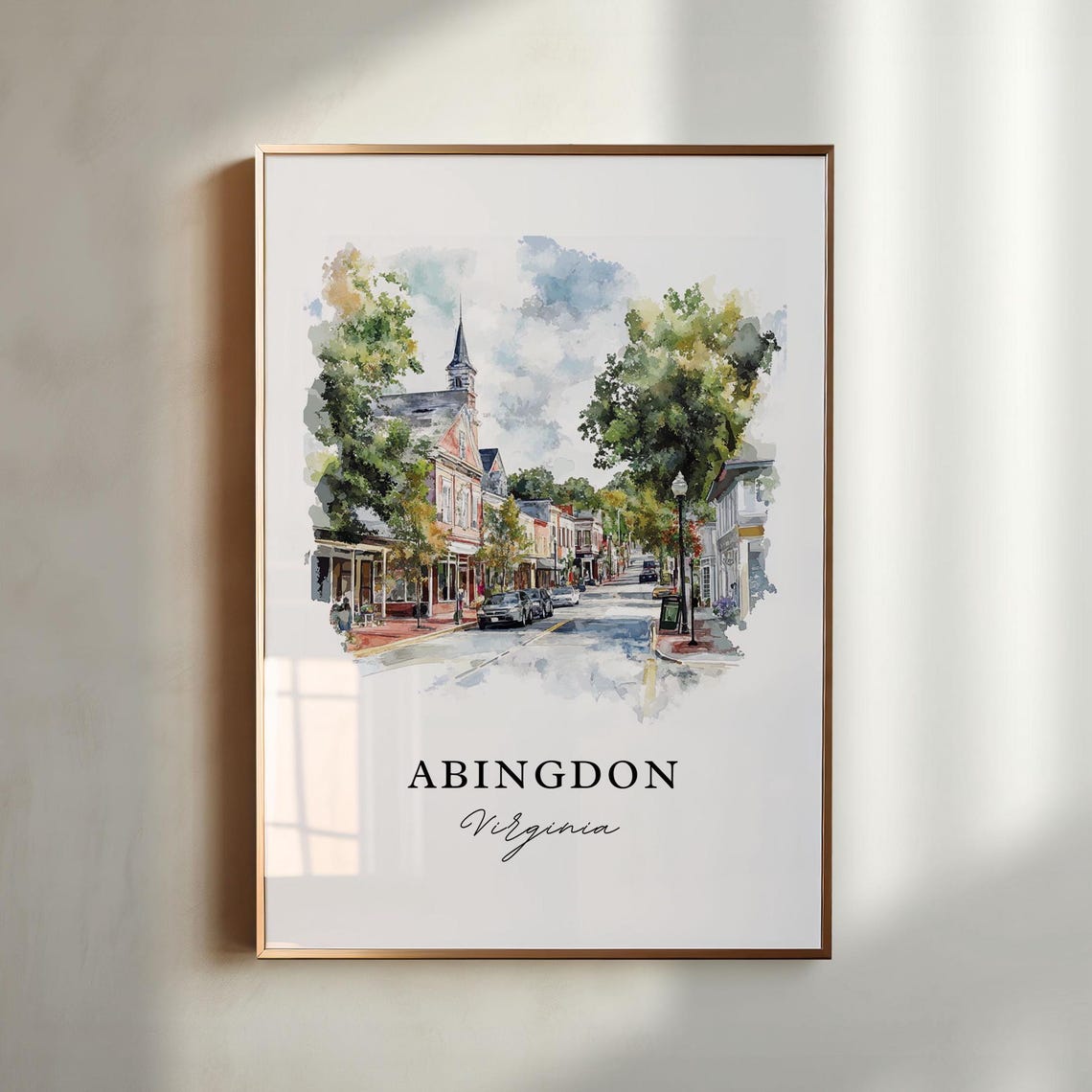 Abingdon Virginia Watercolor Main Street Church Steeple Scene Print