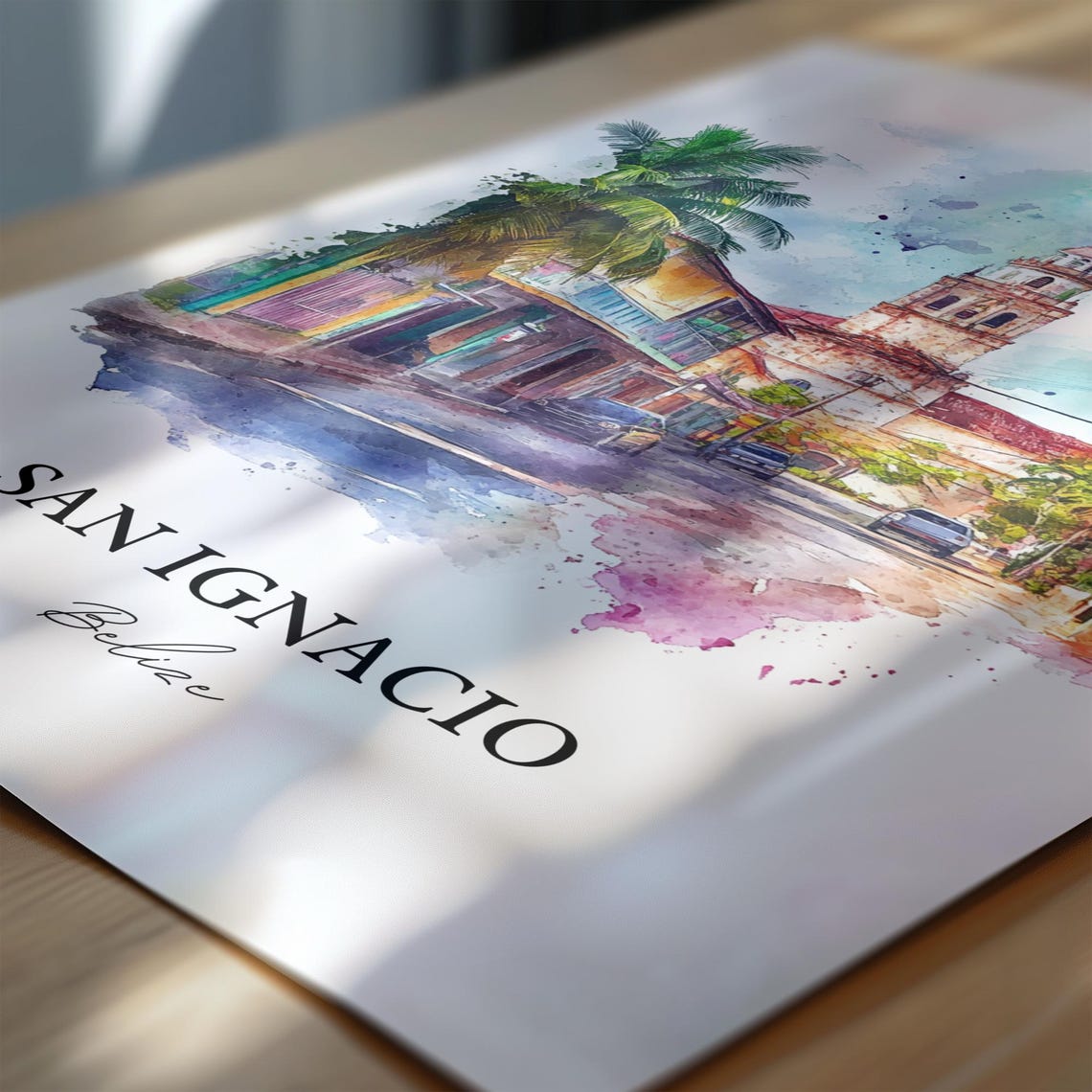San Ignacio Belize Colonial Church Tower Watercolor Scene Poster - Image 6