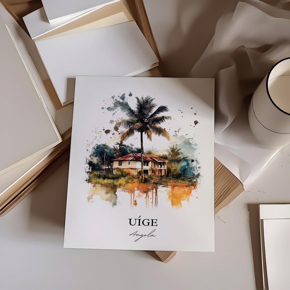 Uige Angola Tropical House Palm Tree Watercolor Travel Poster - Image 4