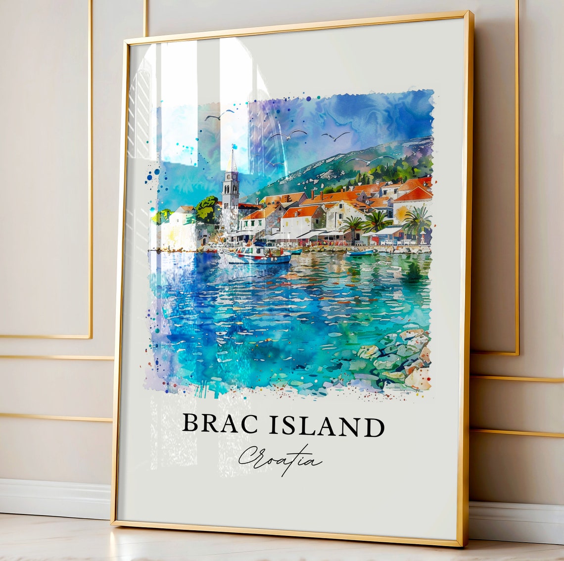 Brac Island Croatia Harbor Bell Tower Watercolor Seaside Poster - Image 4