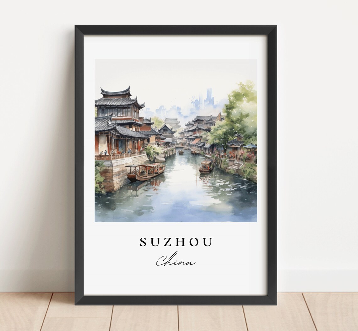 Suzhou China Canal Water Town Boats Watercolor Travel Poster
