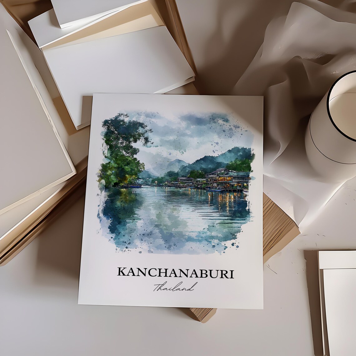 Kanchanaburi Thailand Watercolor River Houses Jungle Art Poster - Image 5