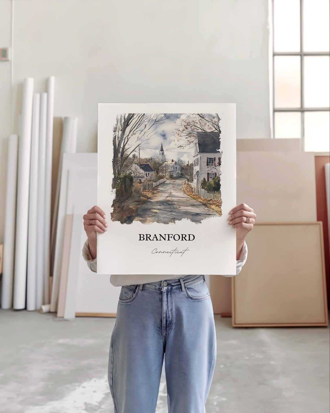 Branford Connecticut Village Street Church Steeple Watercolor Poster - Image 4
