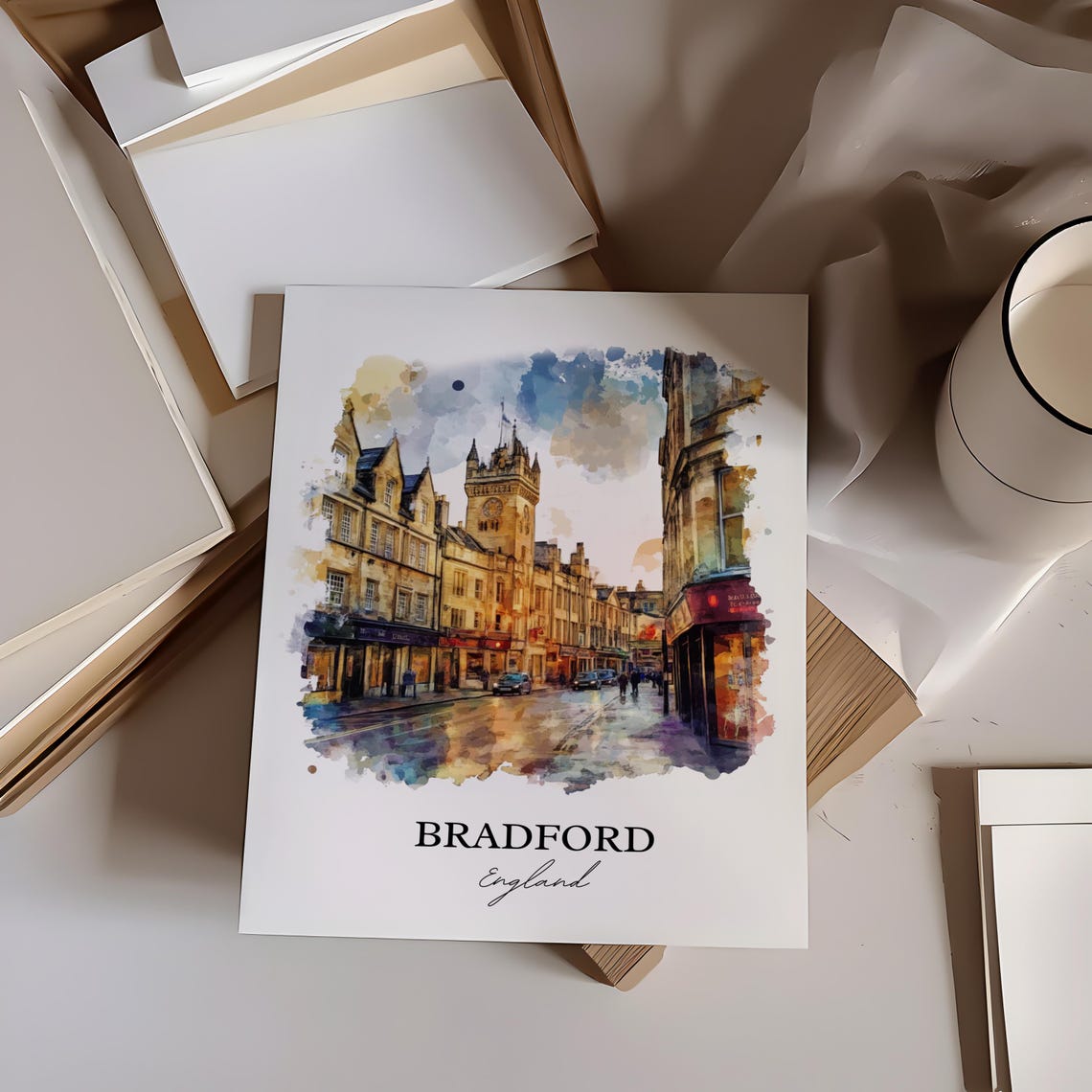 Bradford England Stone Historic Street Watercolor Travel Poster - Image 3