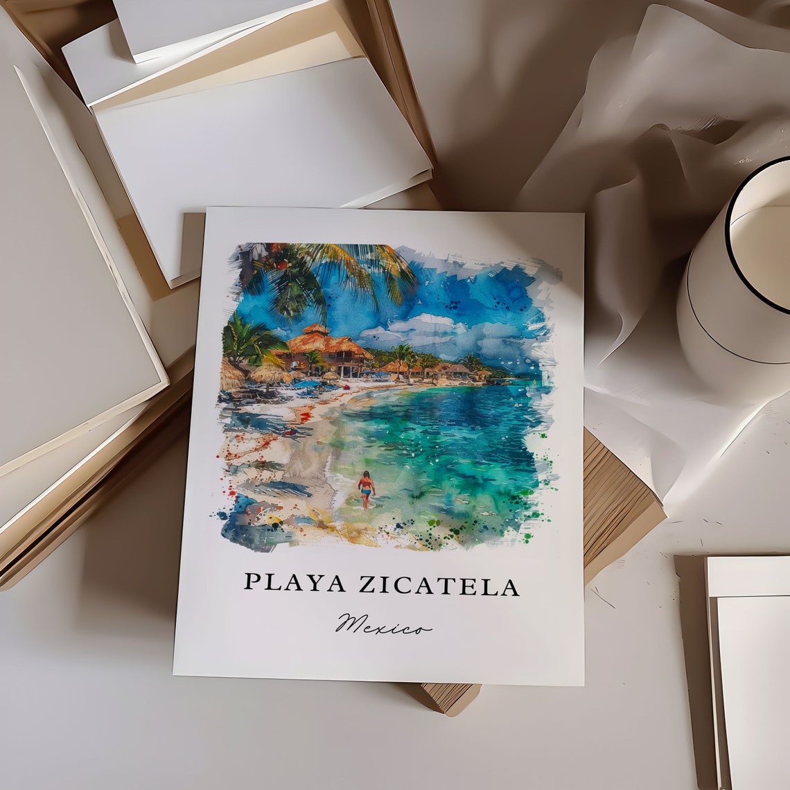 Playa Zicatela Mexico Watercolor Surf Beach Palapas Turquoise Poster - Image 5