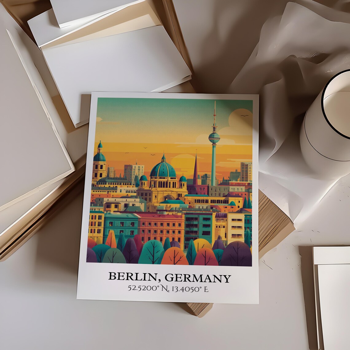 Berlin Germany TV Tower Cathedral Dome Sunset Retro Travel Art Poster - Image 4