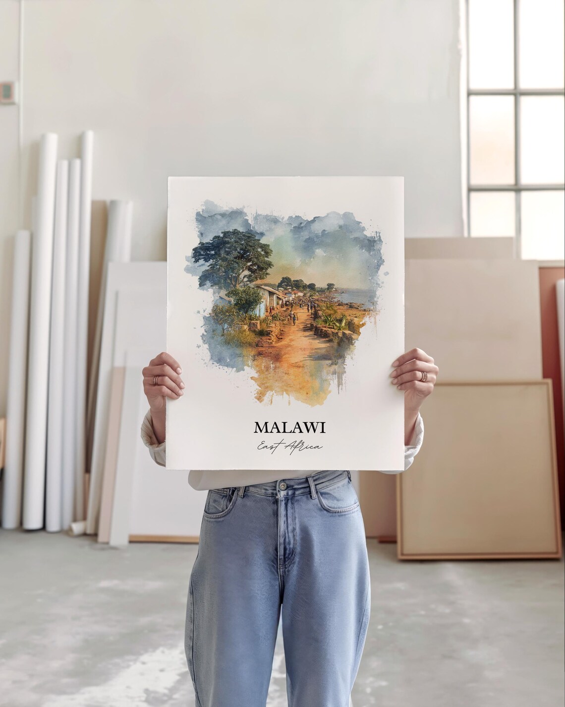 Malawi East Africa Lakeside Village Road Watercolor Travel Poster - Image 4