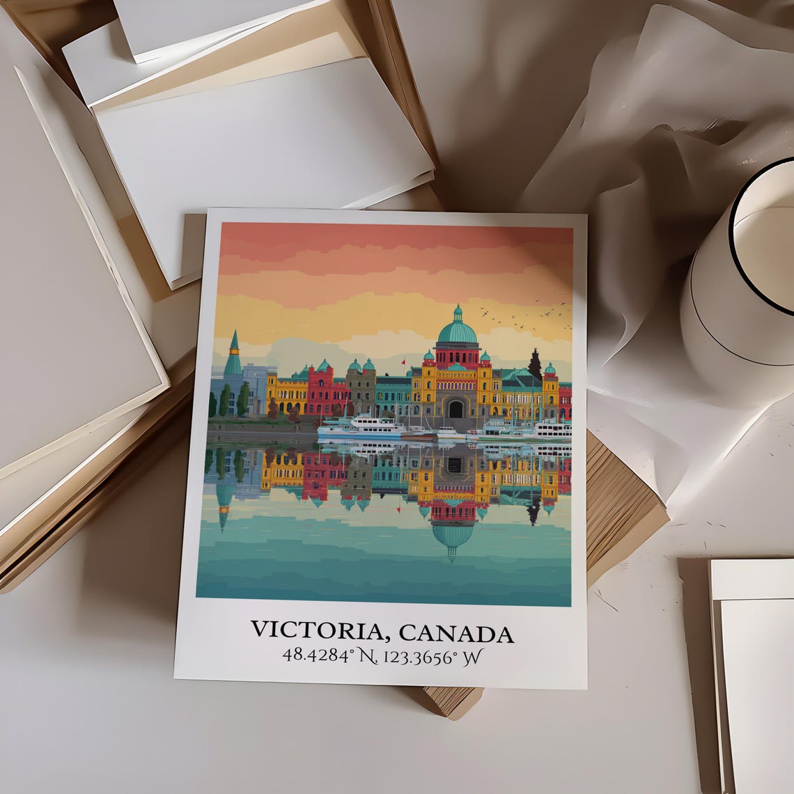 Victoria Canada Harbor Reflection Sunset Skyline Travel Poster - Image 4