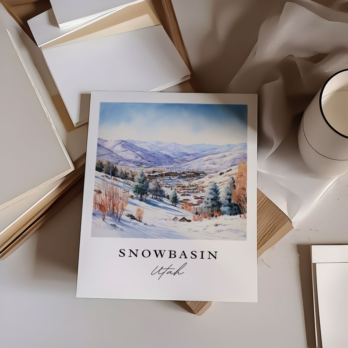 Snowbasin Utah Ski Resort Winter Mountain Scenic Watercolor Poster - Image 6