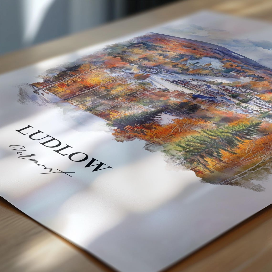 Ludlow Vermont Okemo Mountain Fall Foliage Watercolor Ski Poster - Image 6