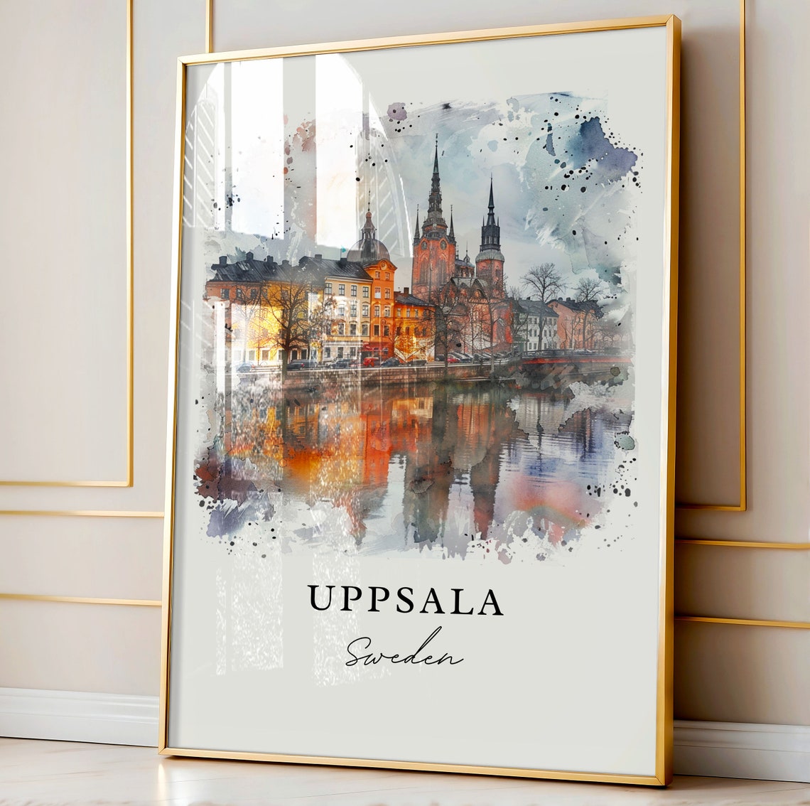 Uppsala Sweden Cathedral Riverside Watercolor City Reflection Poster - Image 4