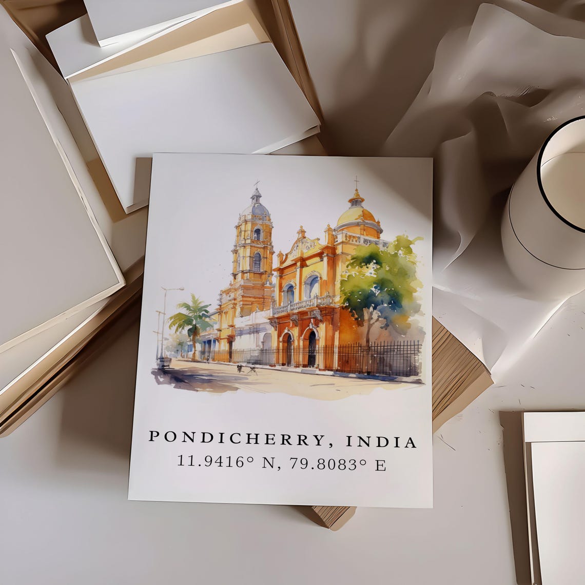 Pondicherry India Coordinates Colonial Church Watercolor Travel Poster - Image 6