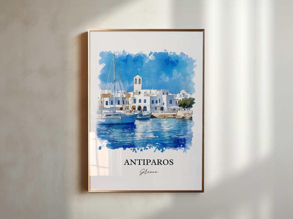 Antiparos Greece Cycladic Harbor Sailboats Watercolor Travel Poster - Image 3