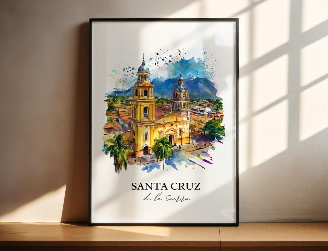Santa Cruz de la Sierra Watercolor Cathedral Mountain View Poster