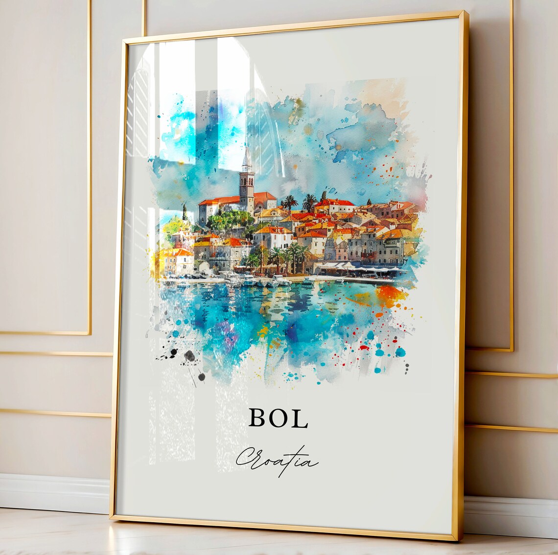 Bol Croatia Coastal Marina Bell Tower Watercolor Island Poster - Image 4