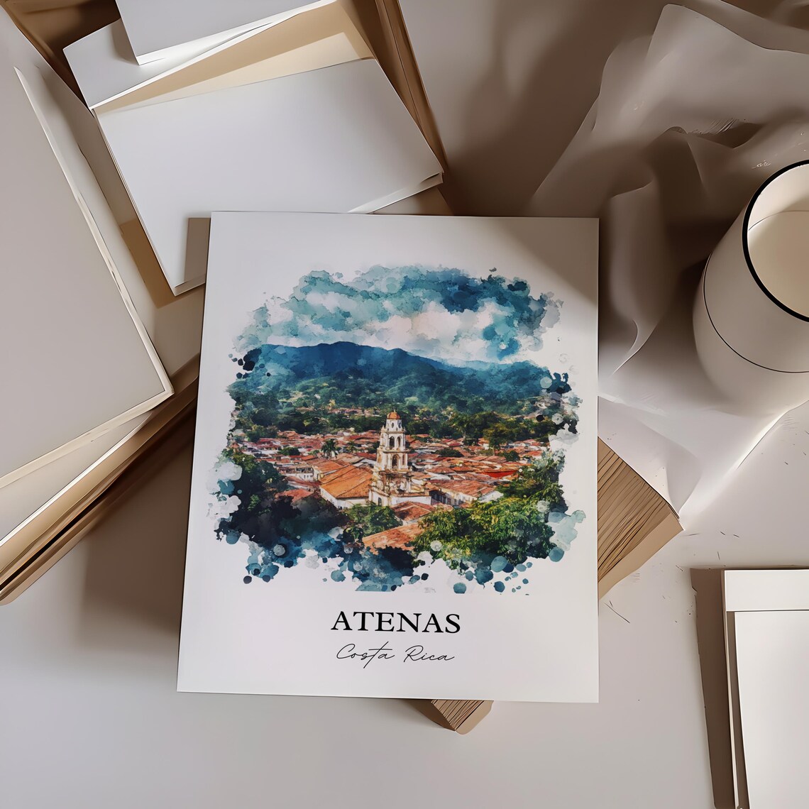 Atenas Costa Rica Church Mountain Town Watercolor Travel Poster - Image 2
