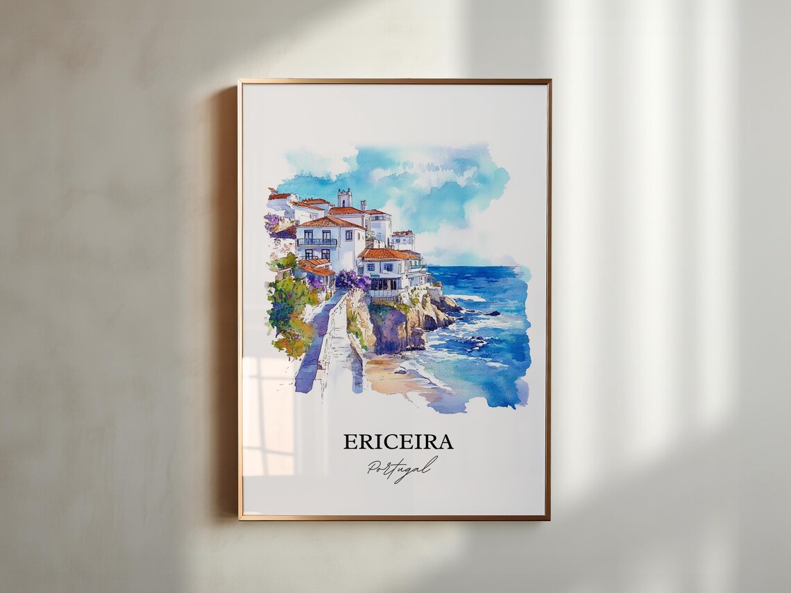 Ericeira Portugal Watercolor Clifftop Fishing Village Seaside Poster - Image 4