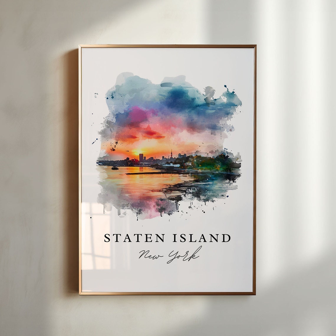Staten Island New York Watercolor Sunset Skyline Harbor Poster
