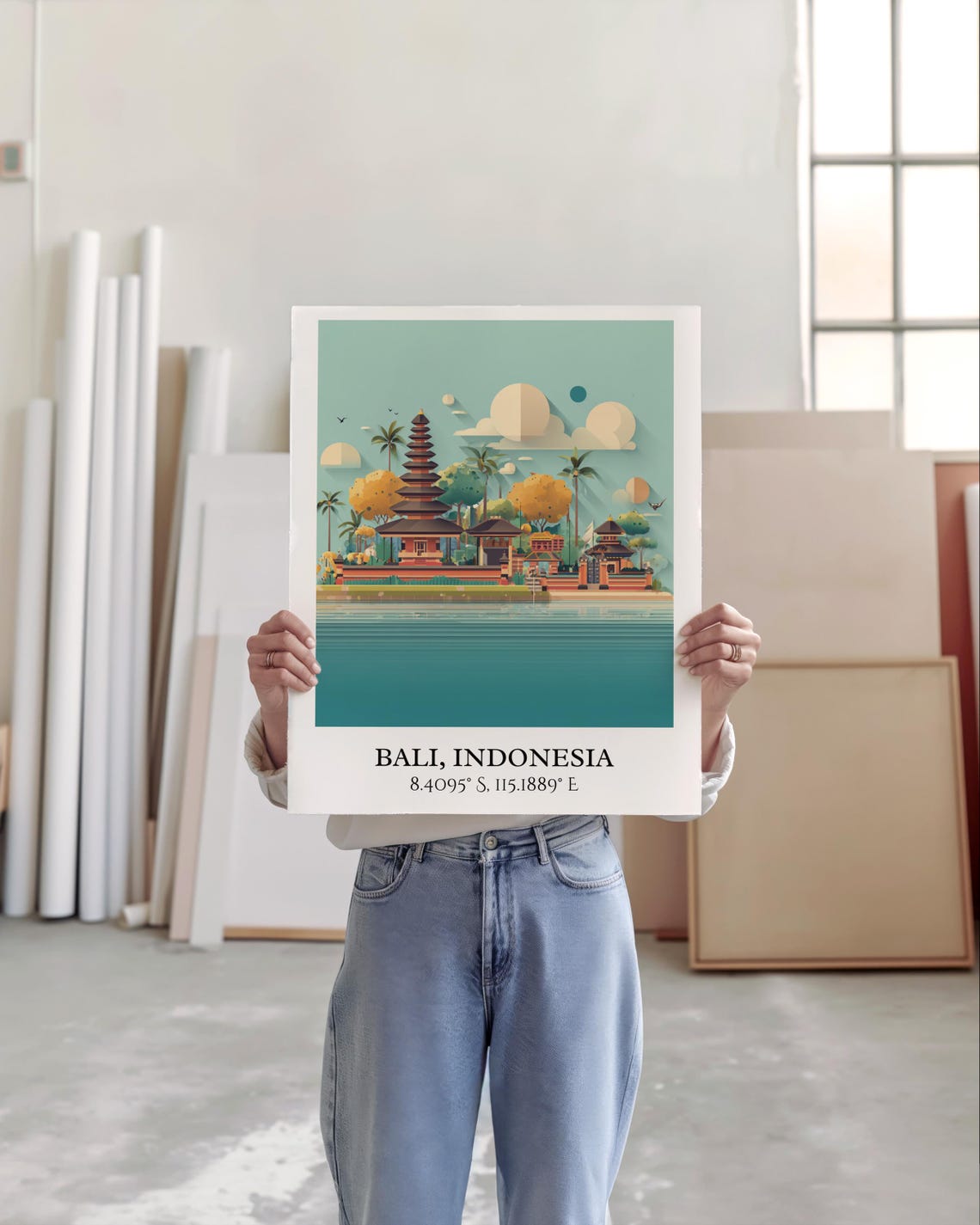 Bali Indonesia Lakeside Temple Pagoda Palms Retro Travel Art Poster - Image 5