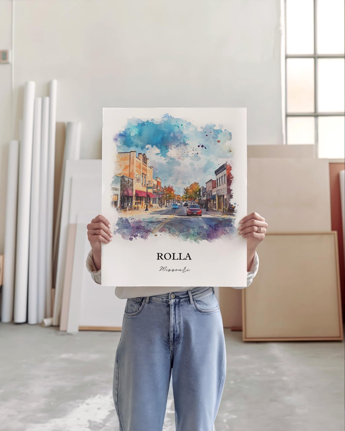Rolla Missouri Bustling Main Street Autumn Watercolor Poster - Image 2