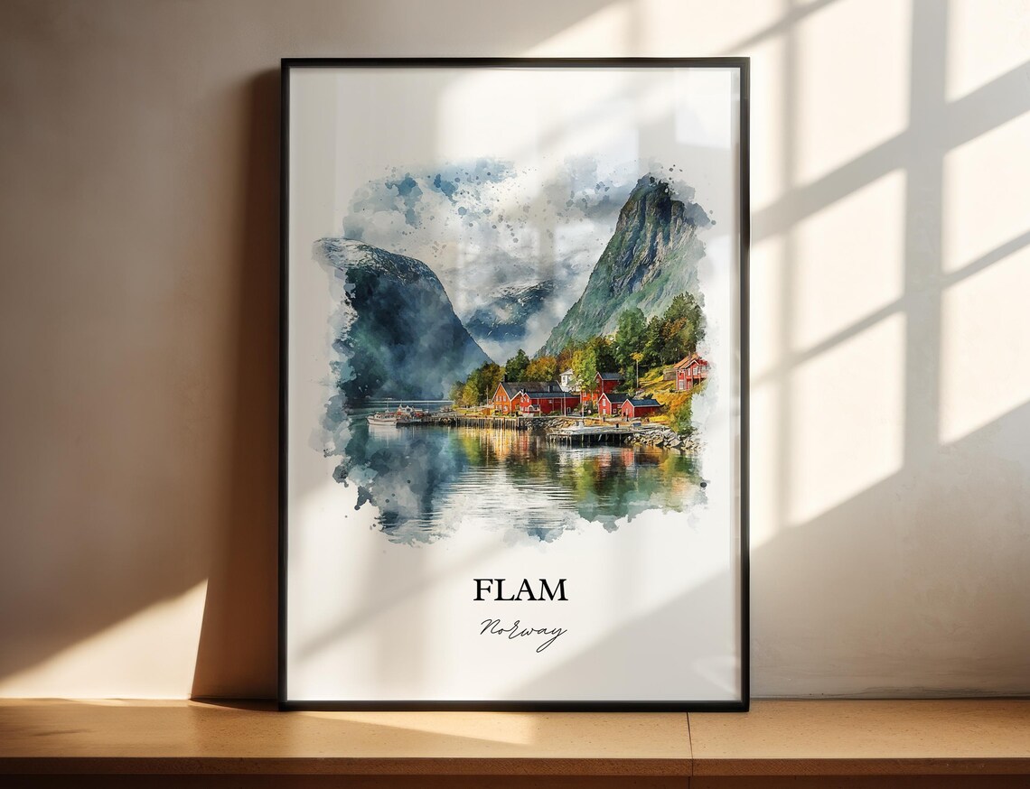Flam Norway Watercolor Fjord Village Red Cabins Travel Poster