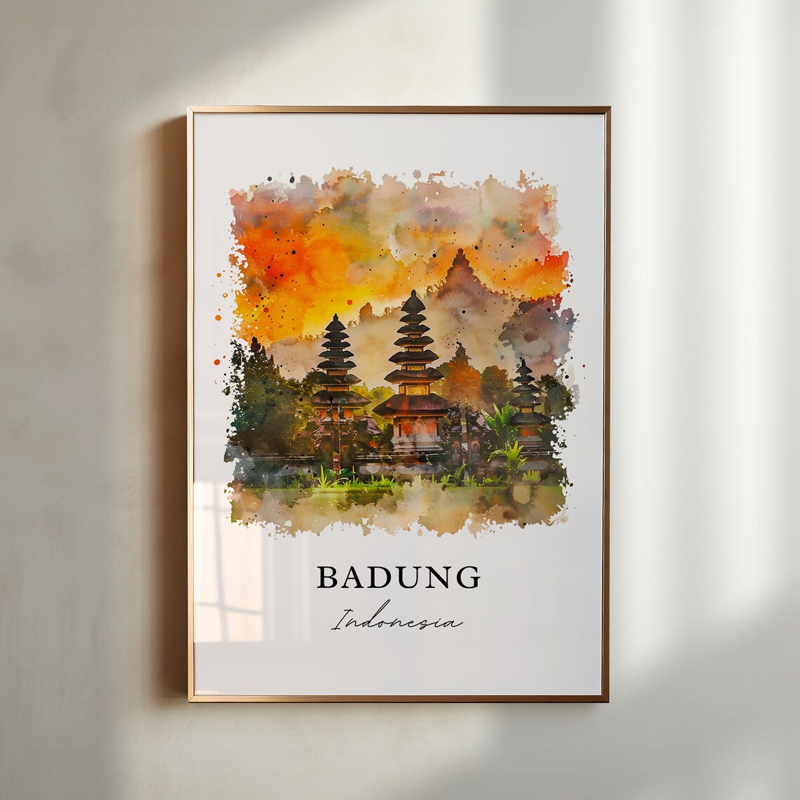 Badung Indonesia Watercolor Balinese Temple Sunset Towers Poster