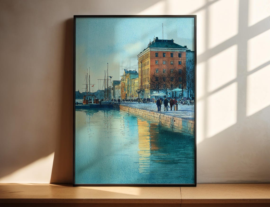 Helsinki Finland Watercolor Harbor Boats Sunny Waterfront Poster