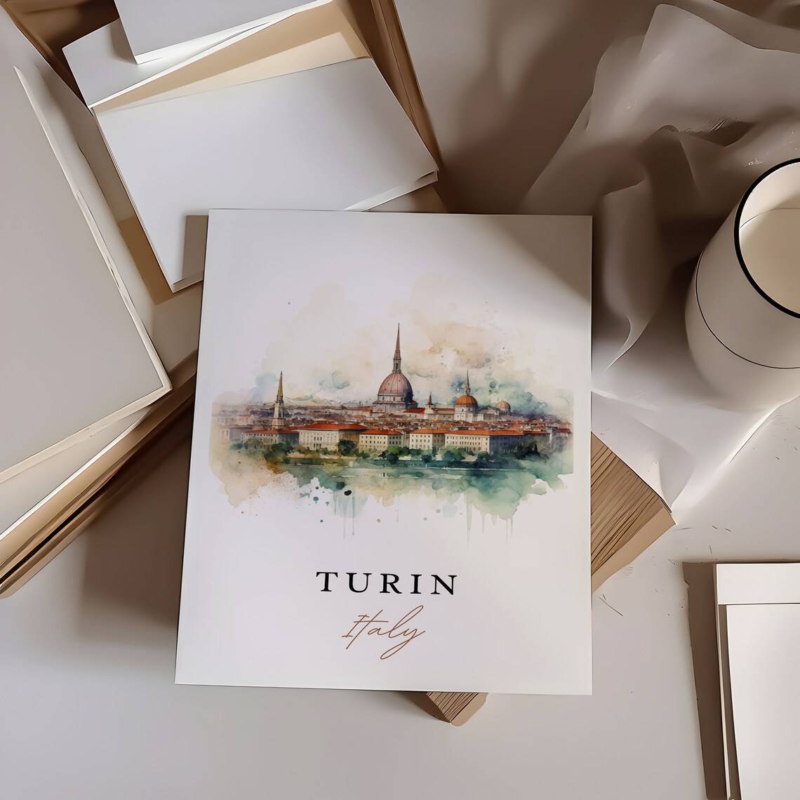 Turin Italy Historic City Skyline Domes Watercolor Travel Poster - Image 6