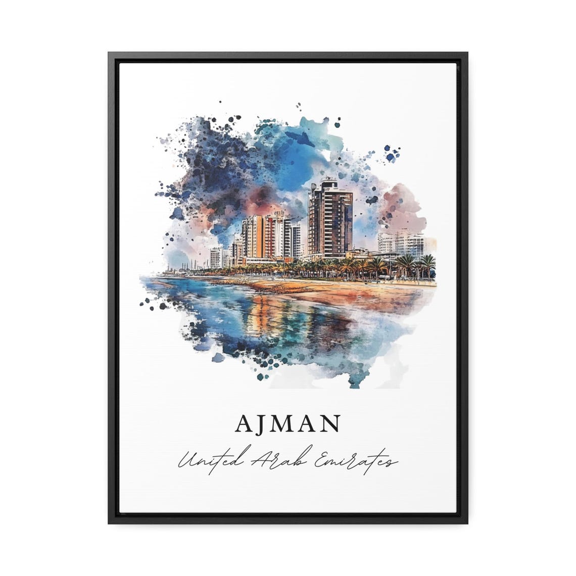 Ajman UAE Watercolor Beachfront Towers Splash Coast City Poster - Image 3