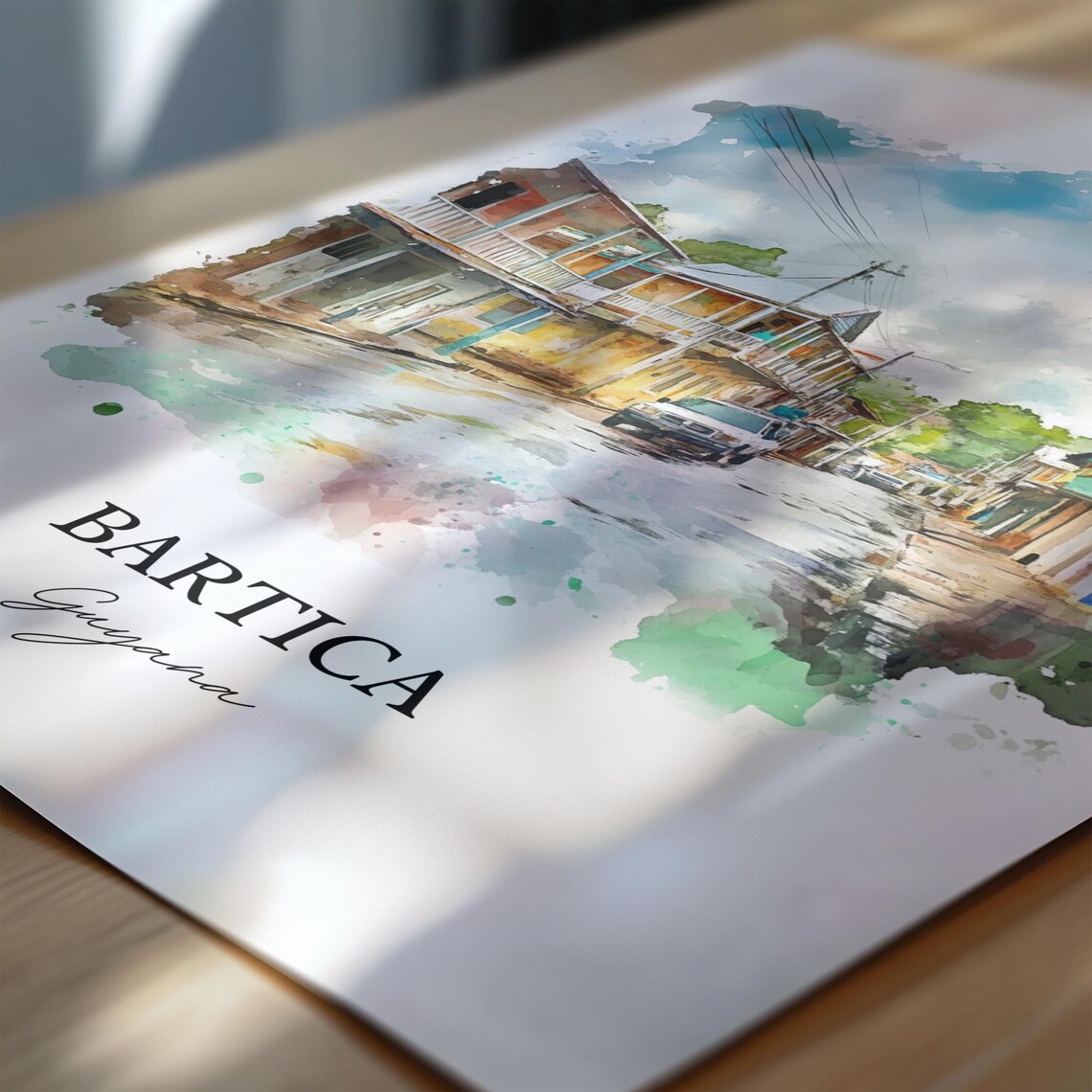 Bartica Guyana Watercolor Tropical Street Palm Houses Scenic Poster - Image 6
